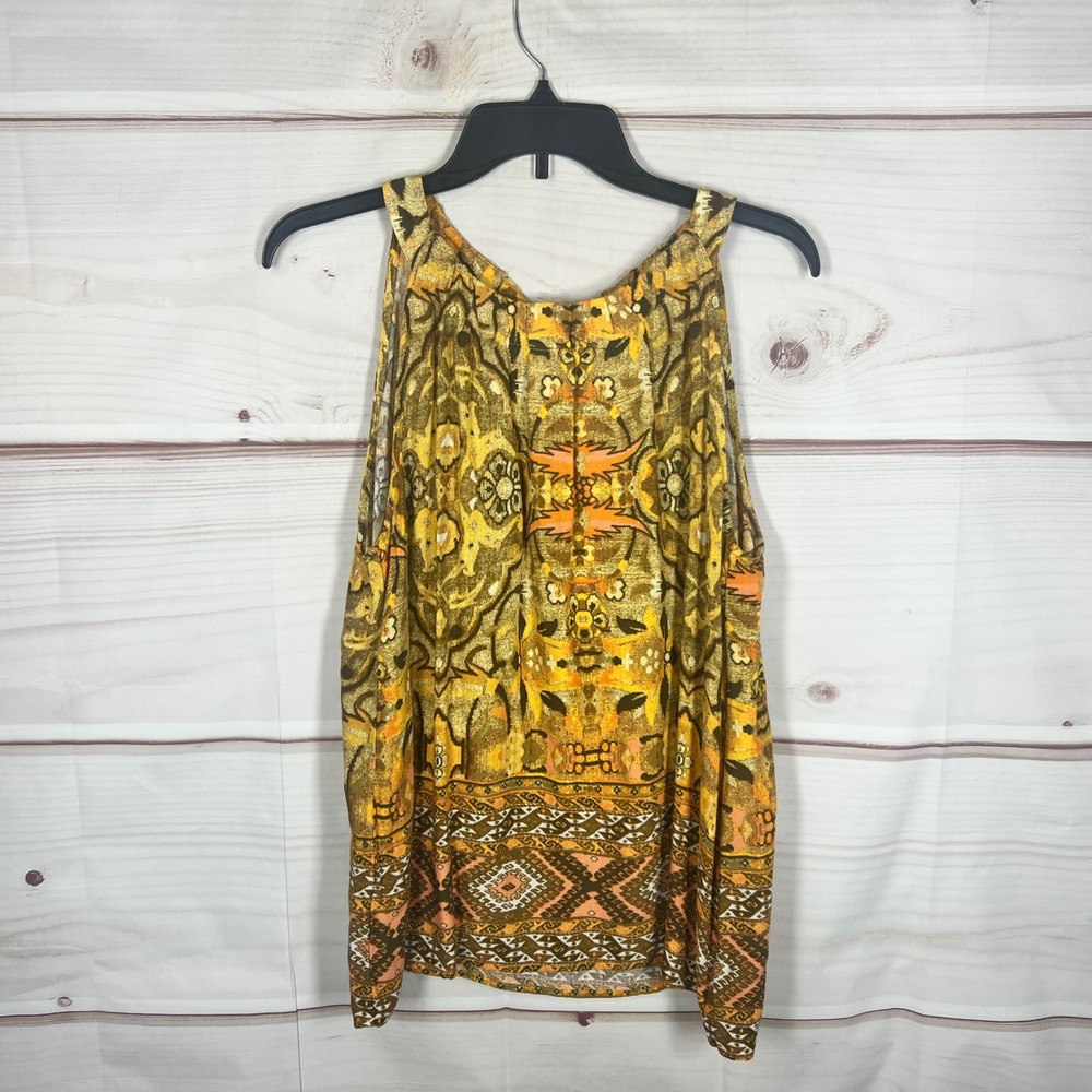 Jane + Delancey Halter Top Women Small Yellow Boho Medallion Keyhole Back Blouse
